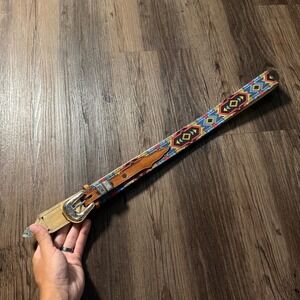 Vintage Western Style Belt Colorful Woven Design Silver Buckle Accessory